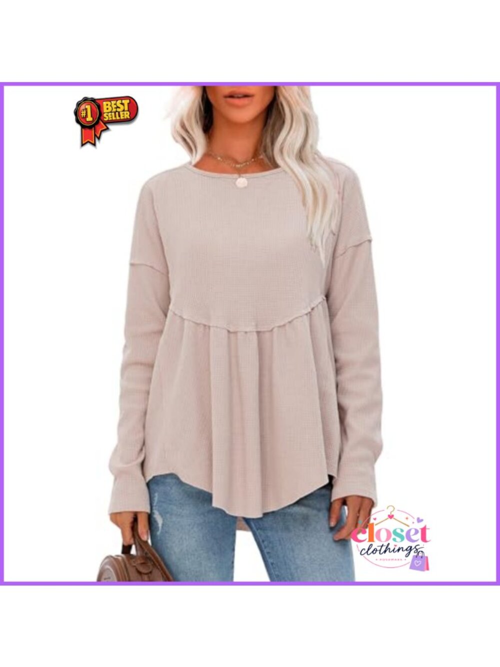 Waffle Knit Long Sleeve Tunic Top Crewneck Loose Babydoll Maternity